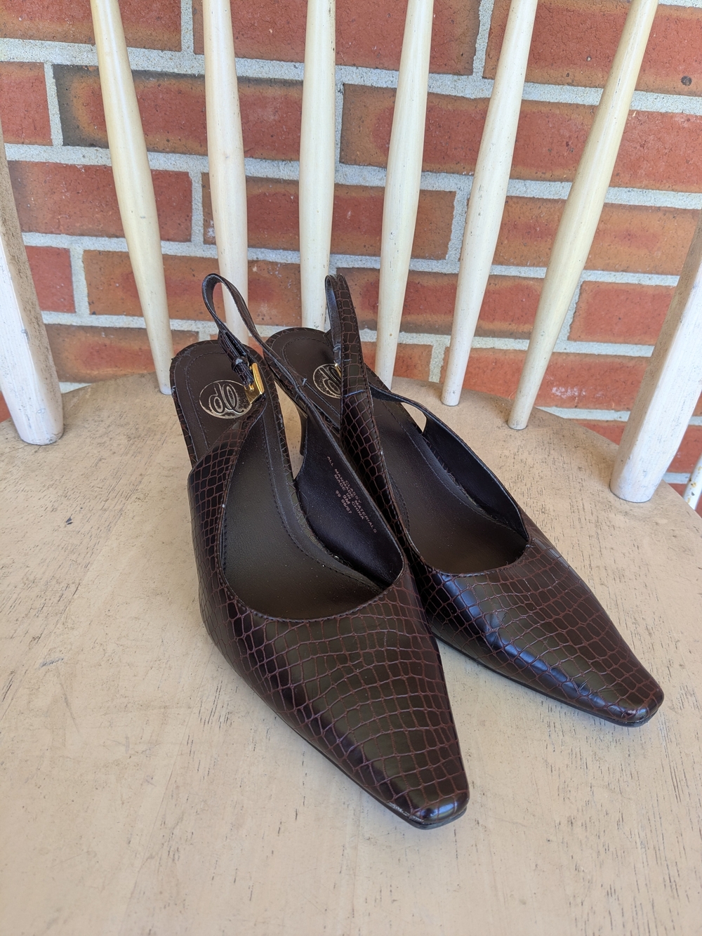 Donna Lawrence Crocodile-Print Slingback Heels in Brown